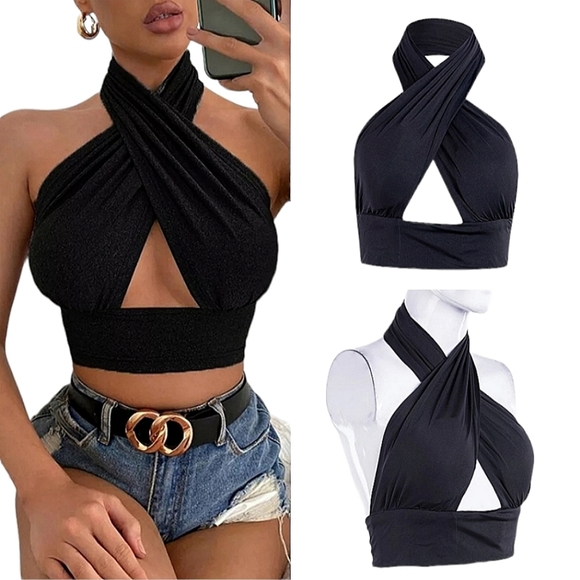 Boutique Tops - 💎Black Criss Cross Cut-Out Halter Neck Sleeveless Backless Crop Top💎